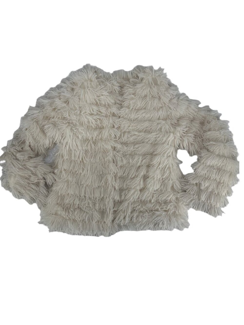 Main Strip Faux Fur Jacket Medium Ivory Cream Shag Fringe Open Front Boho Glam